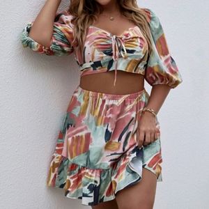 Abstract Puff sleeve Crop top skirt set 4x